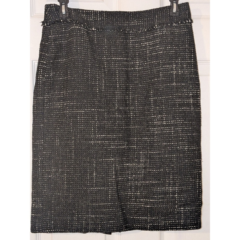 Ann Taylor Black White Wool Blend Tweed Boucle Pencil Skirt Fringe Waist 2 - Picture 4 of 8